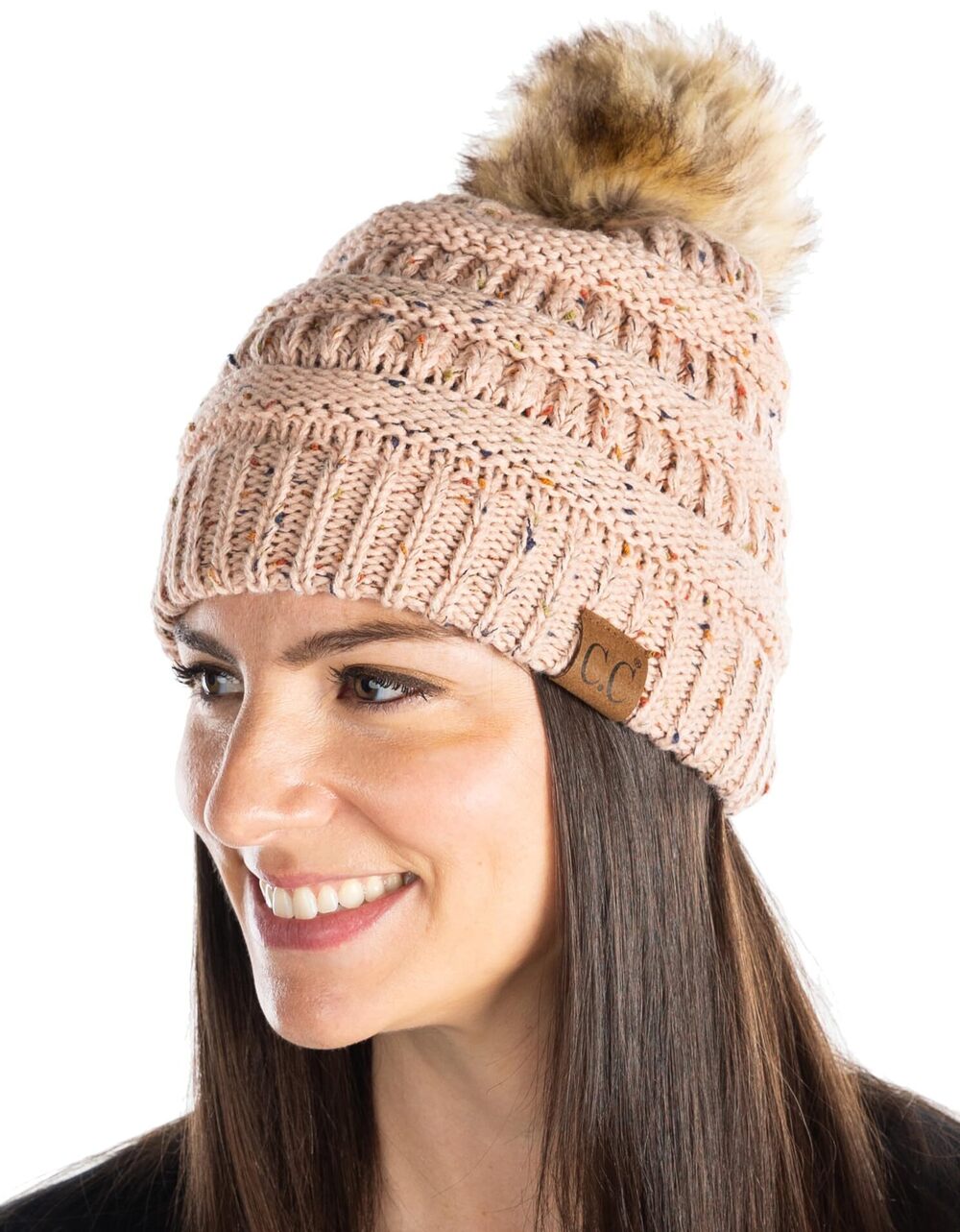 9319 Knit Pom Beanie Hat: Confetti - Indi Pink Faux Fur Pom